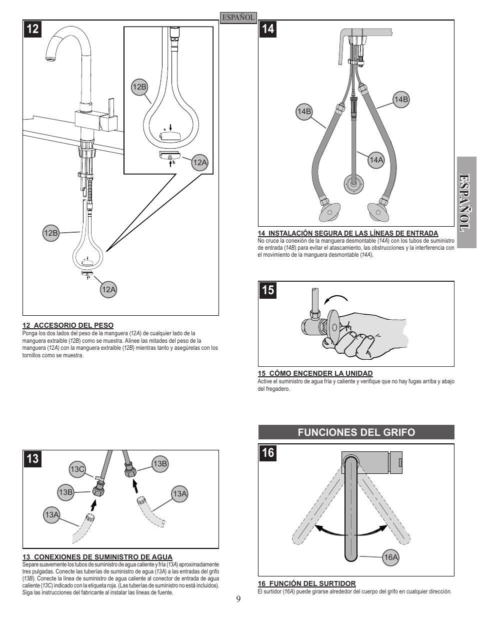 Esp a ñ ol, Funciones del grifo | Pfister E533-MNFC User Manual | Page 9 / 18