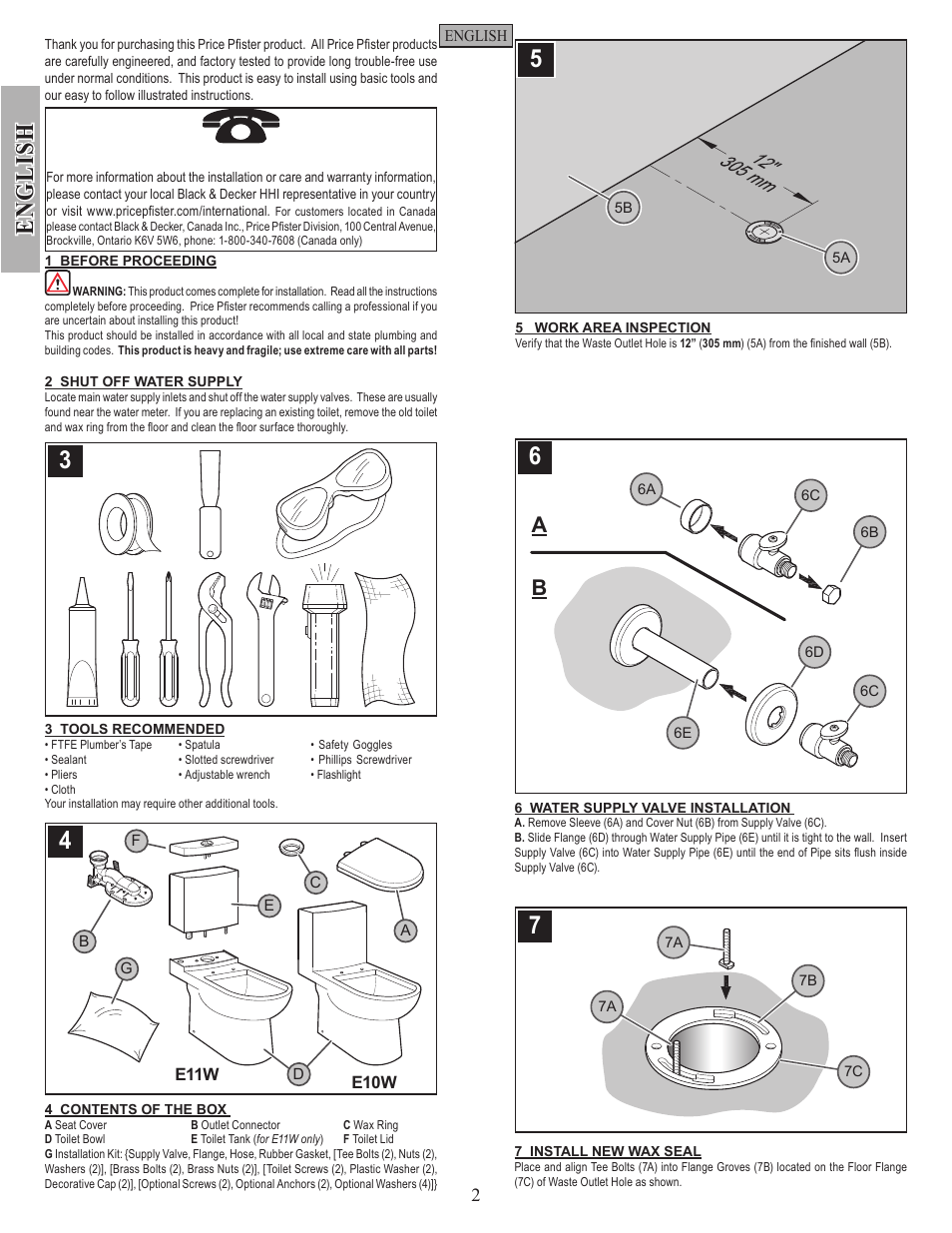 En g li sh | Pfister VTP-E11WE User Manual | Page 2 / 14