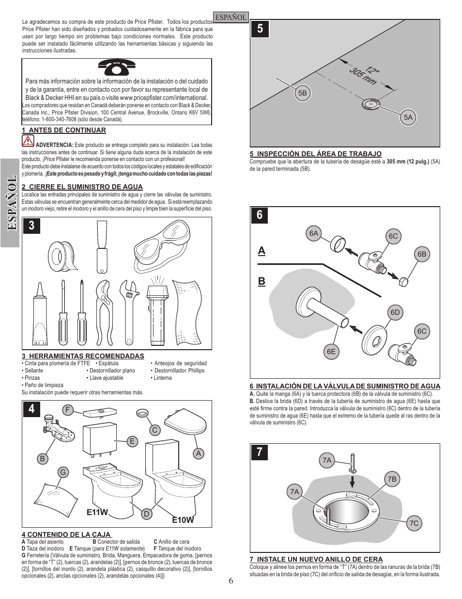 Es pa ñ o l | Pfister VTP-E11WE User Manual | Page 6 / 14