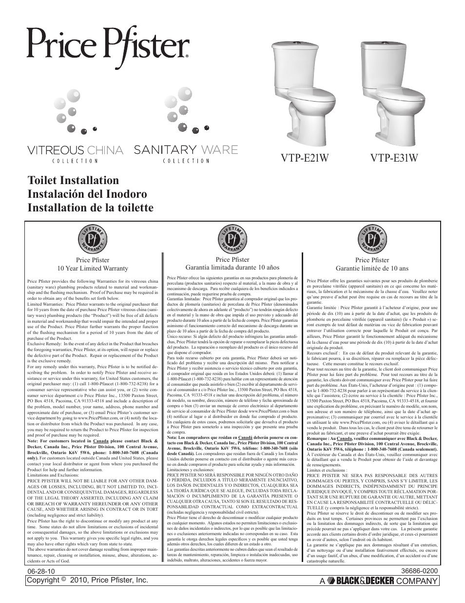 Pfister VTP-E21W User Manual | 14 pages
