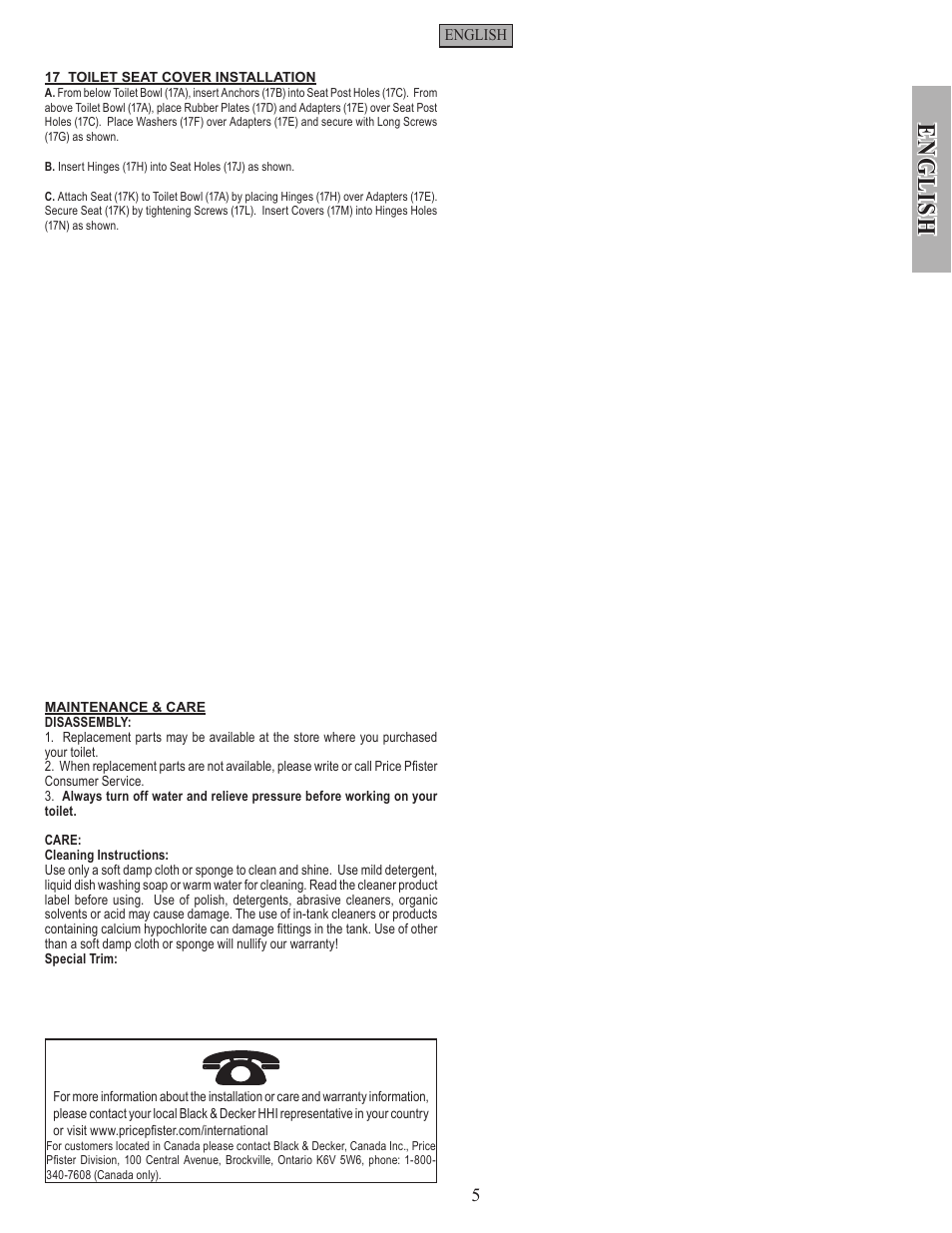 En g li sh | Pfister VTP-E21W User Manual | Page 5 / 14