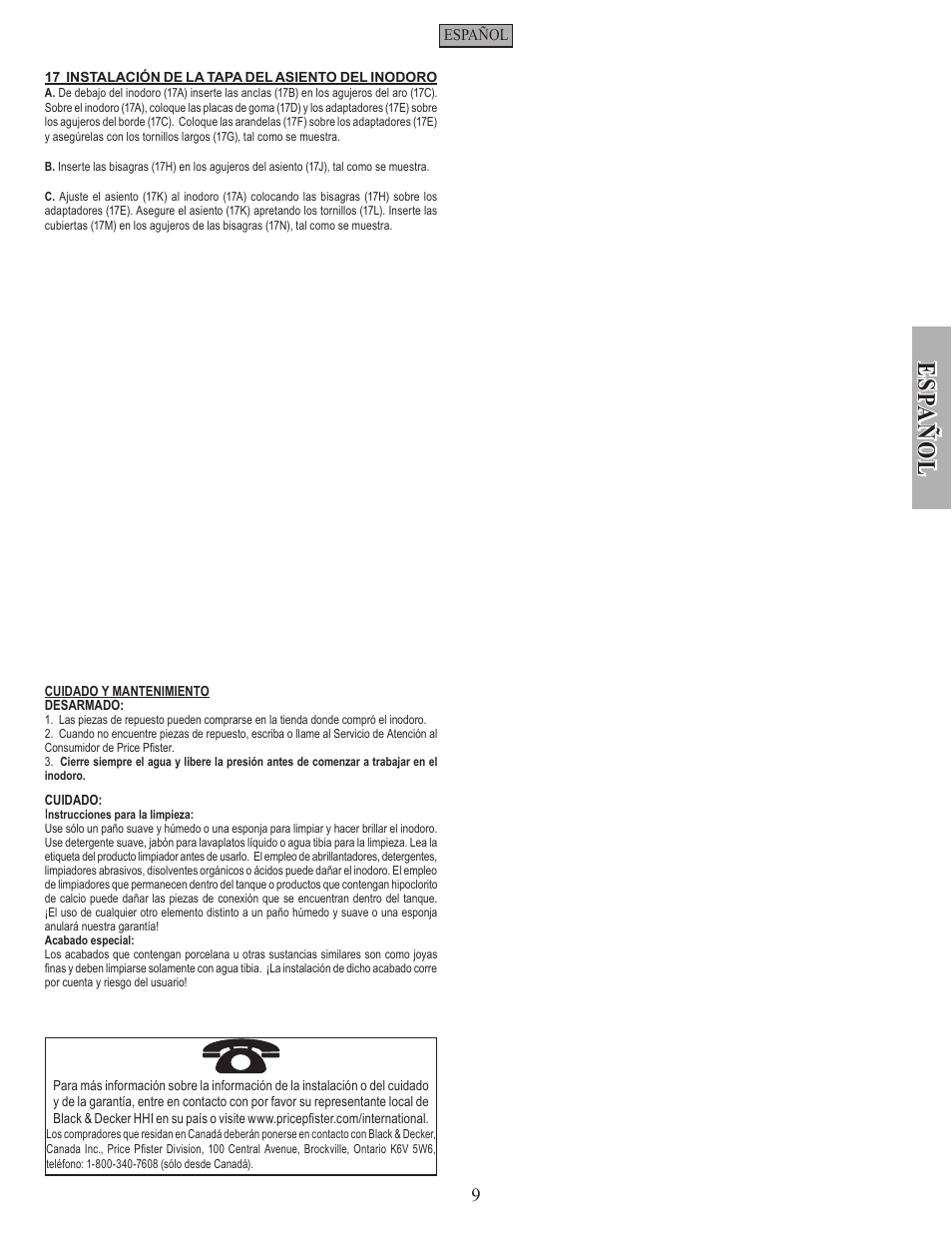 Es pa ñ o l | Pfister VTP-E21W User Manual | Page 9 / 14