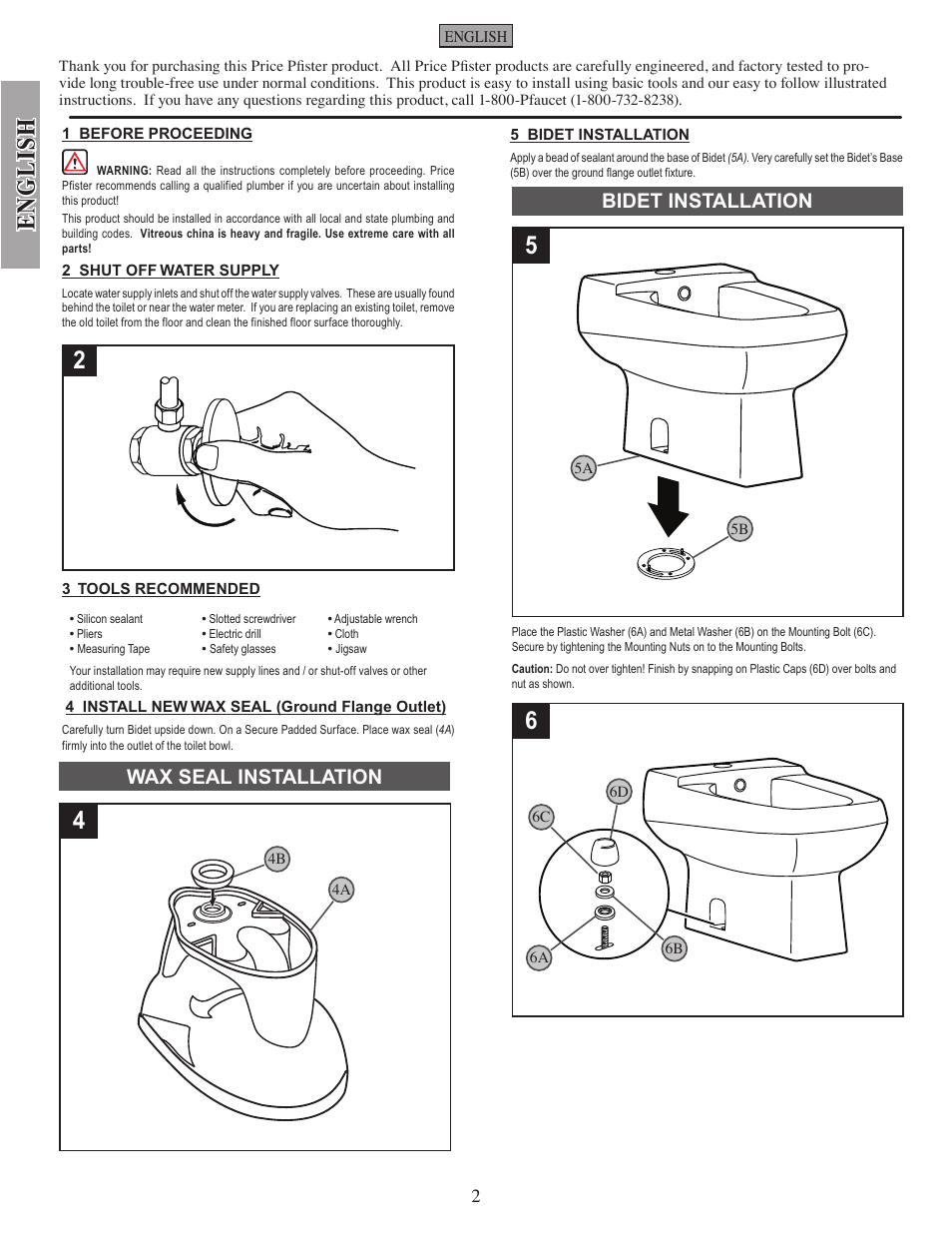 English, Wax seal installation, Bidet installation | Pfister VBP-C10W User Manual | Page 2 / 7