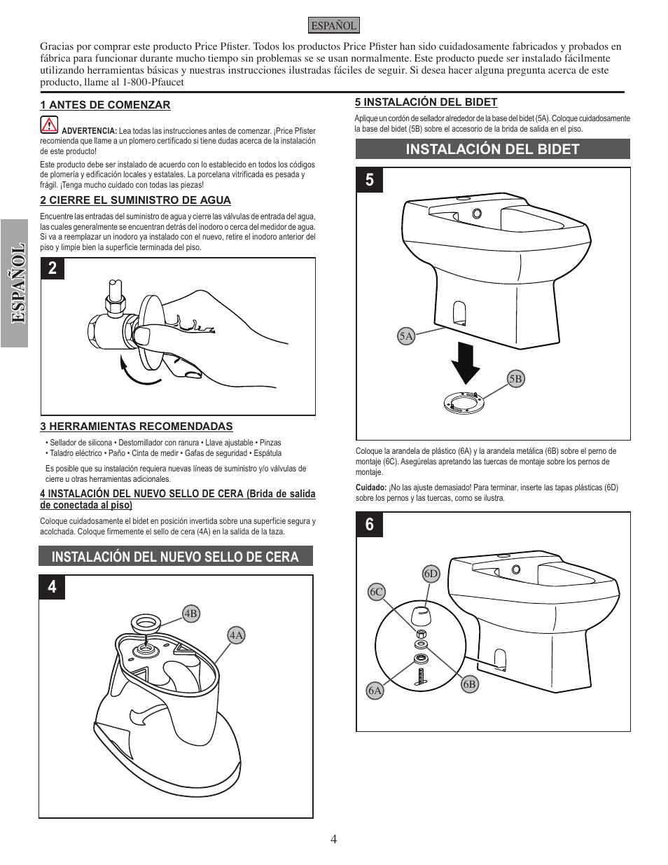 Esp añ ol, Instalación del nuevo sello de cera, Instalación del bidet | Pfister VBP-C10W User Manual | Page 4 / 7