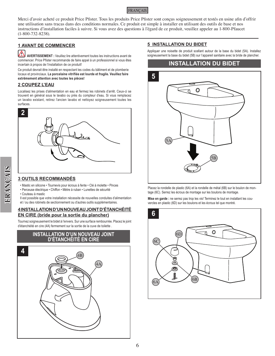 Fran çais, Installation du bidet | Pfister VBP-C10W User Manual | Page 6 / 7