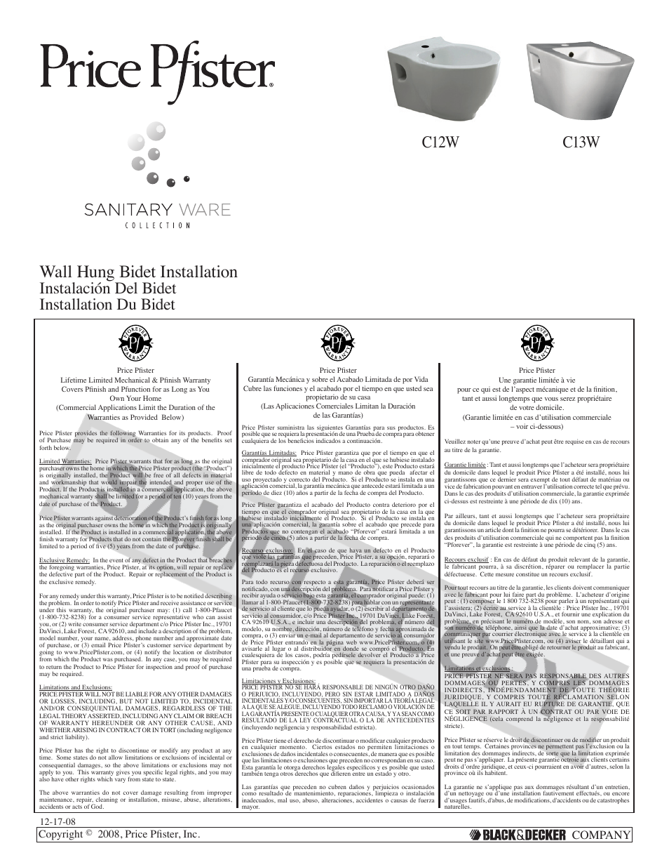 Pfister VBP-C12W User Manual | 7 pages