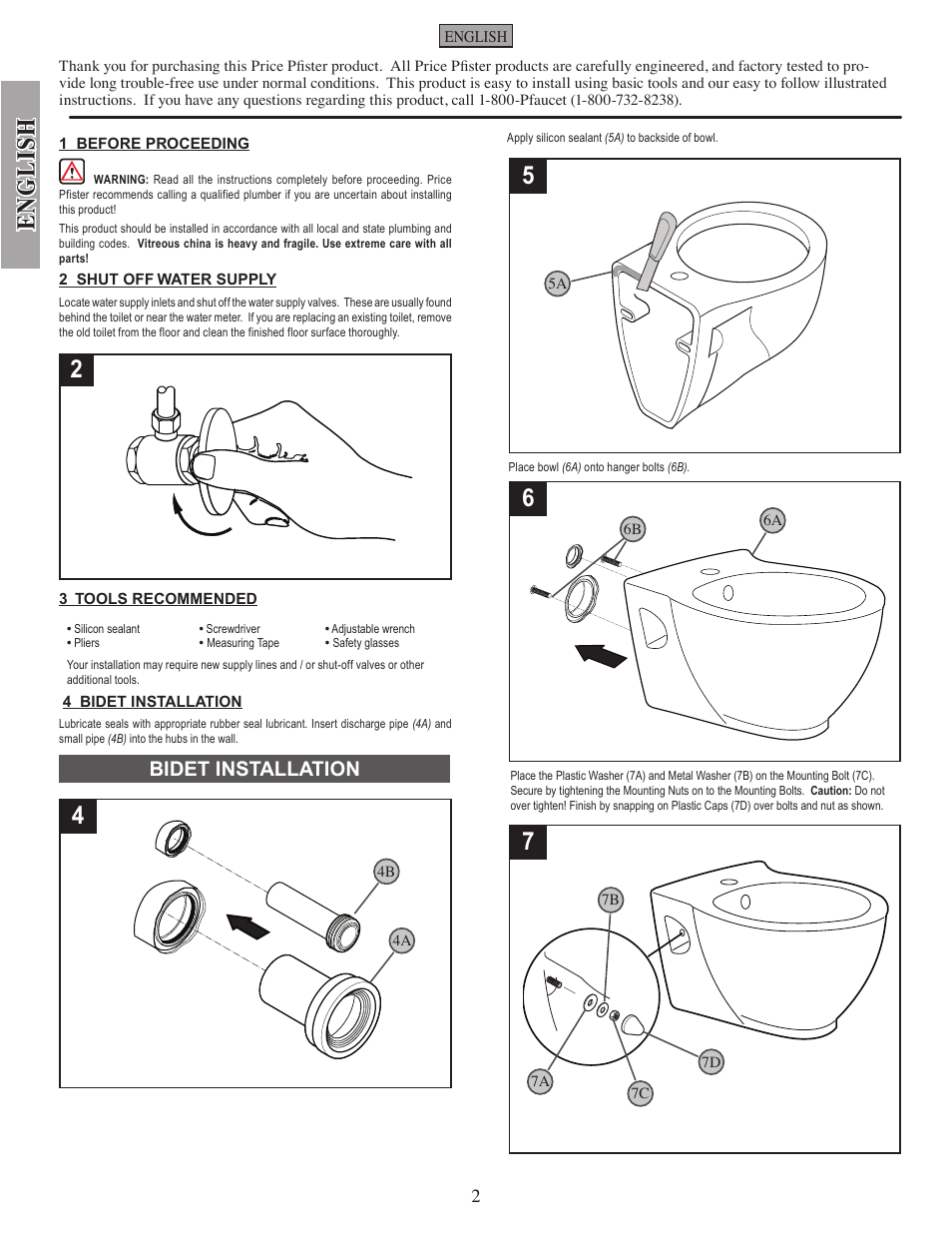 English, Bidet installation | Pfister VBP-C12W User Manual | Page 2 / 7