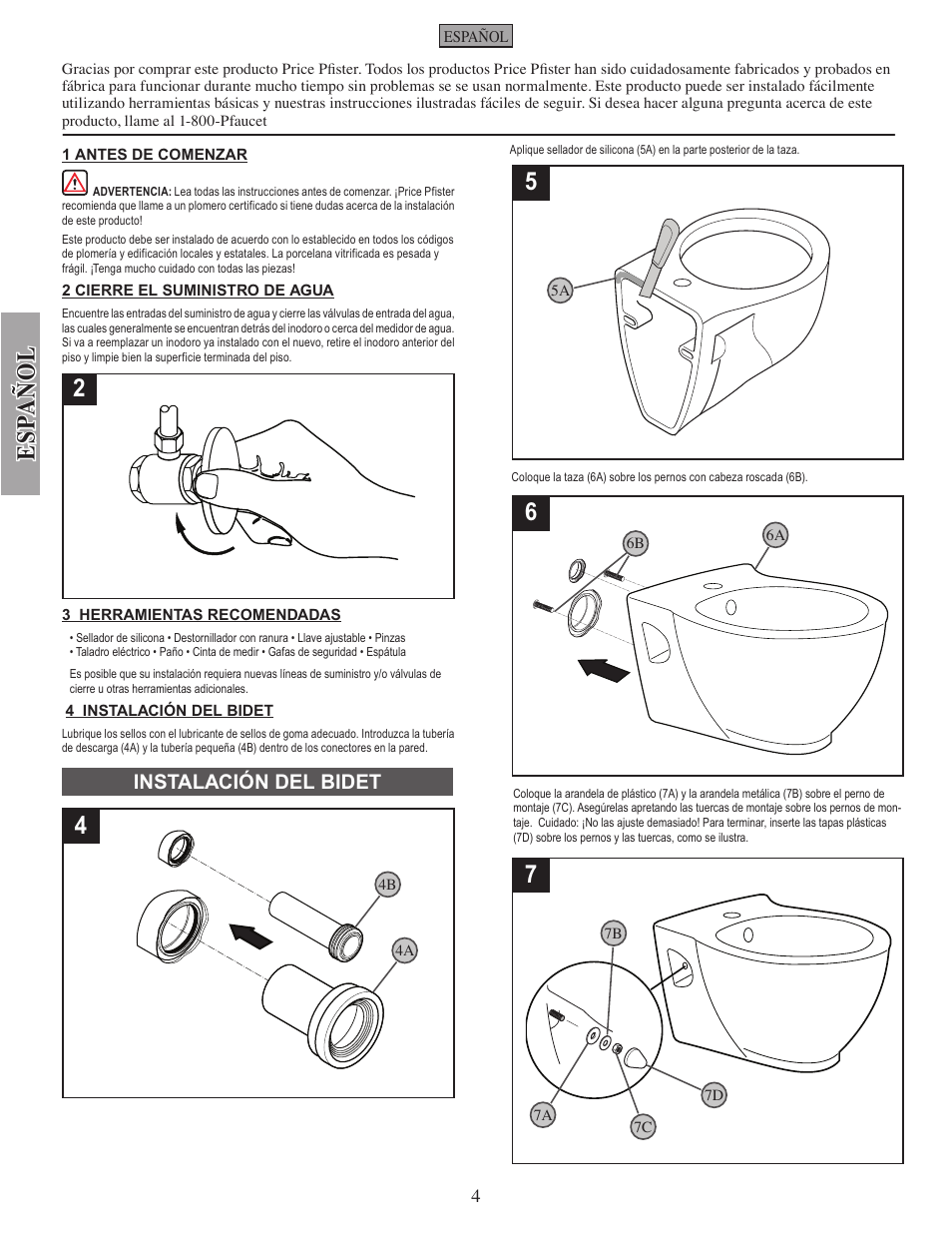 Esp añ ol, Instalación del bidet | Pfister VBP-C12W User Manual | Page 4 / 7