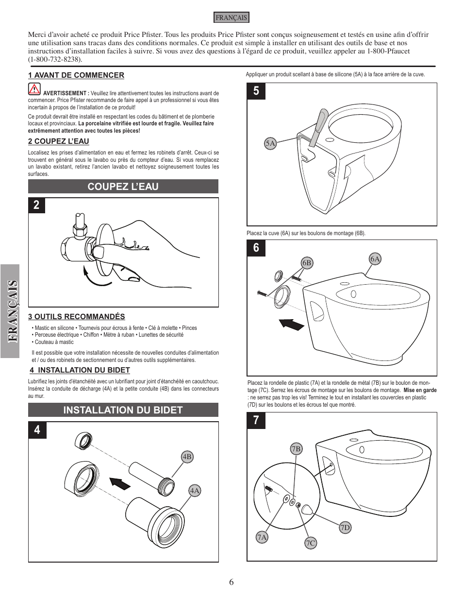 Fran çais, Installation du bidet, Coupez l’eau | Pfister VBP-C12W User Manual | Page 6 / 7