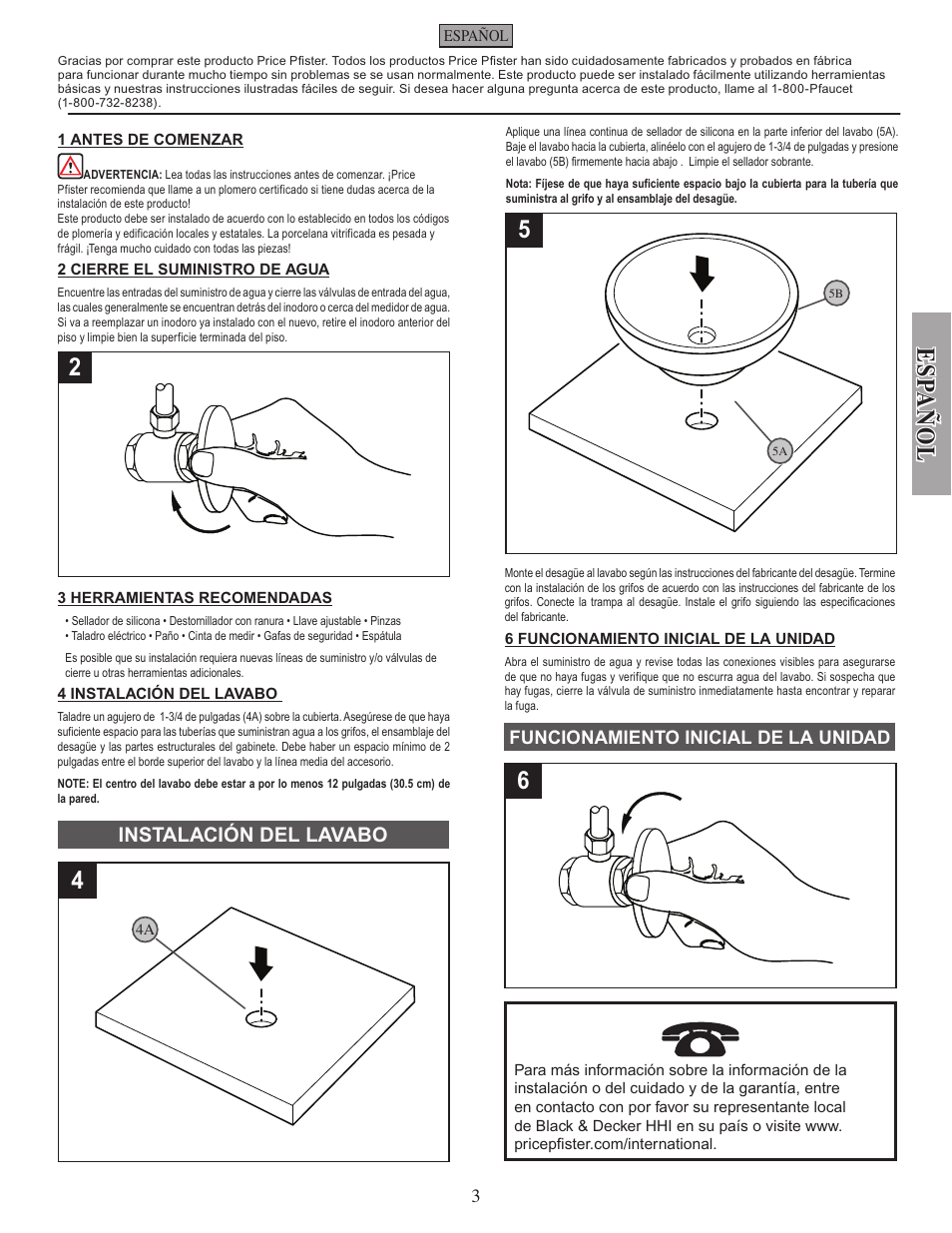 Esp añ ol, Instalación del lavabo | Pfister VSP-V10W User Manual | Page 3 / 4