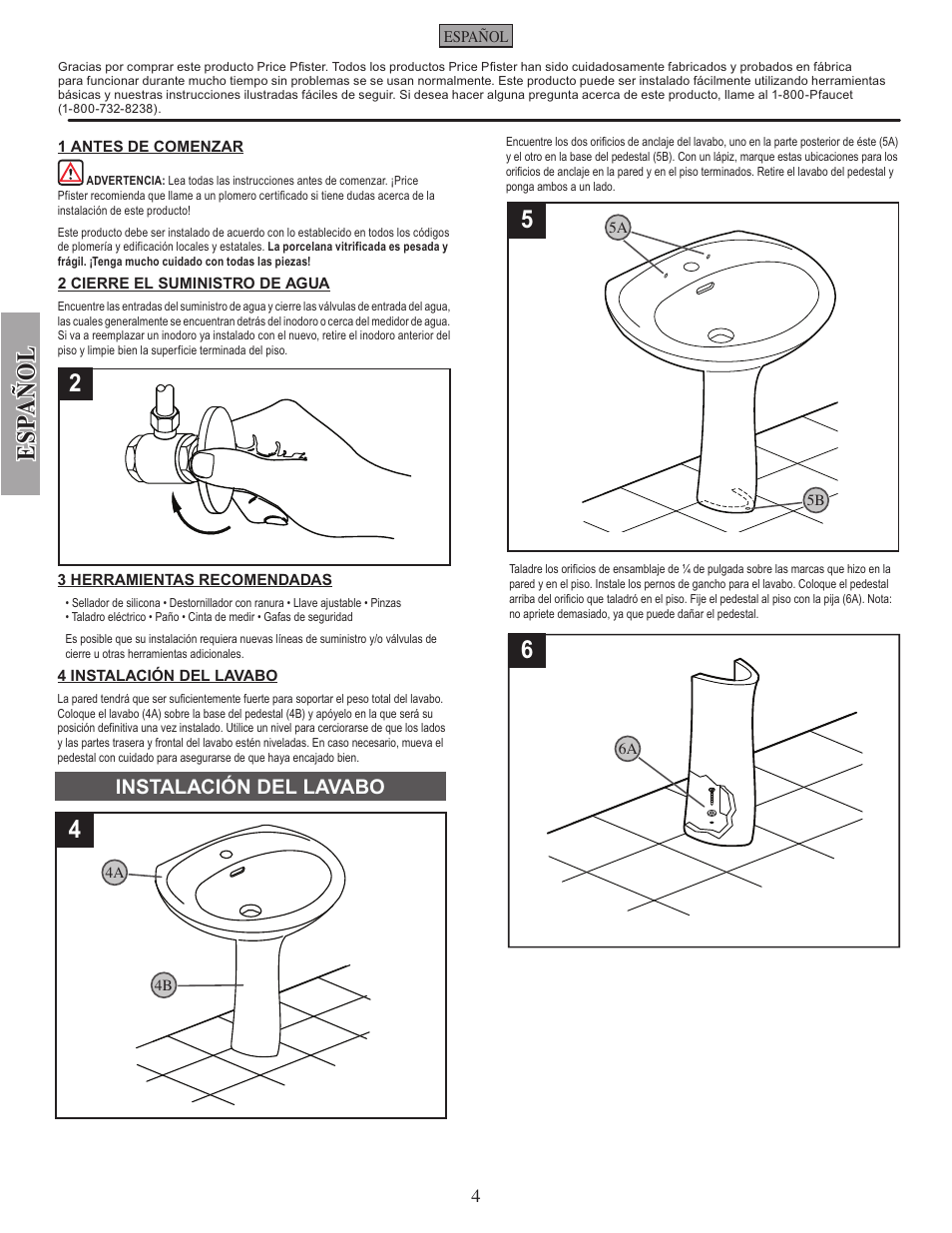 Esp añ ol, Instalación del lavabo | Pfister VSP-P10W User Manual | Page 4 / 7