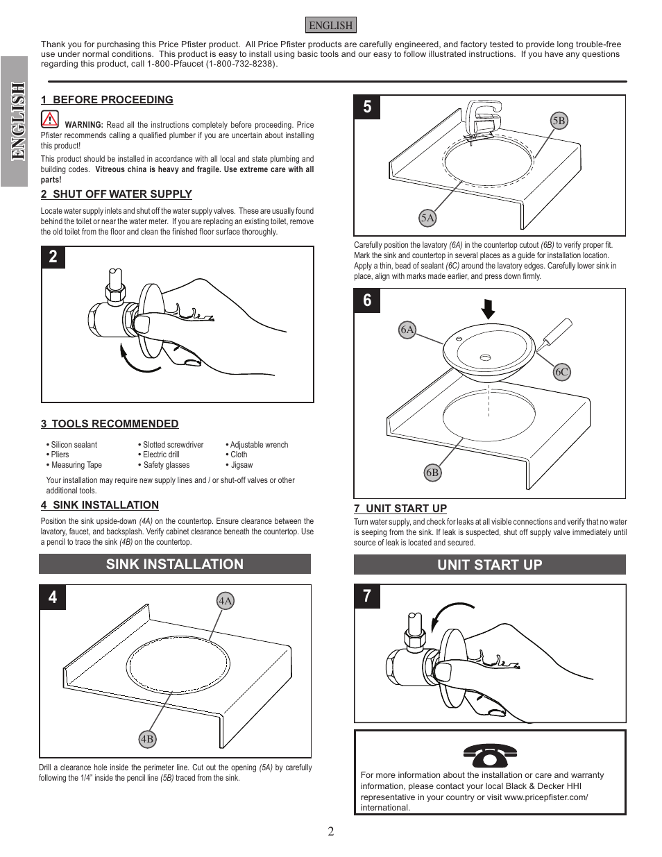 English, Sink installation, Unit start up | Pfister VSP-A16W User Manual | Page 2 / 4