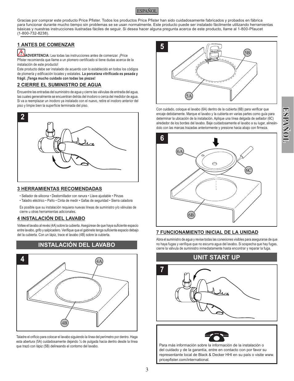 Esp añ ol, Unit start up | Pfister VSP-A16W User Manual | Page 3 / 4