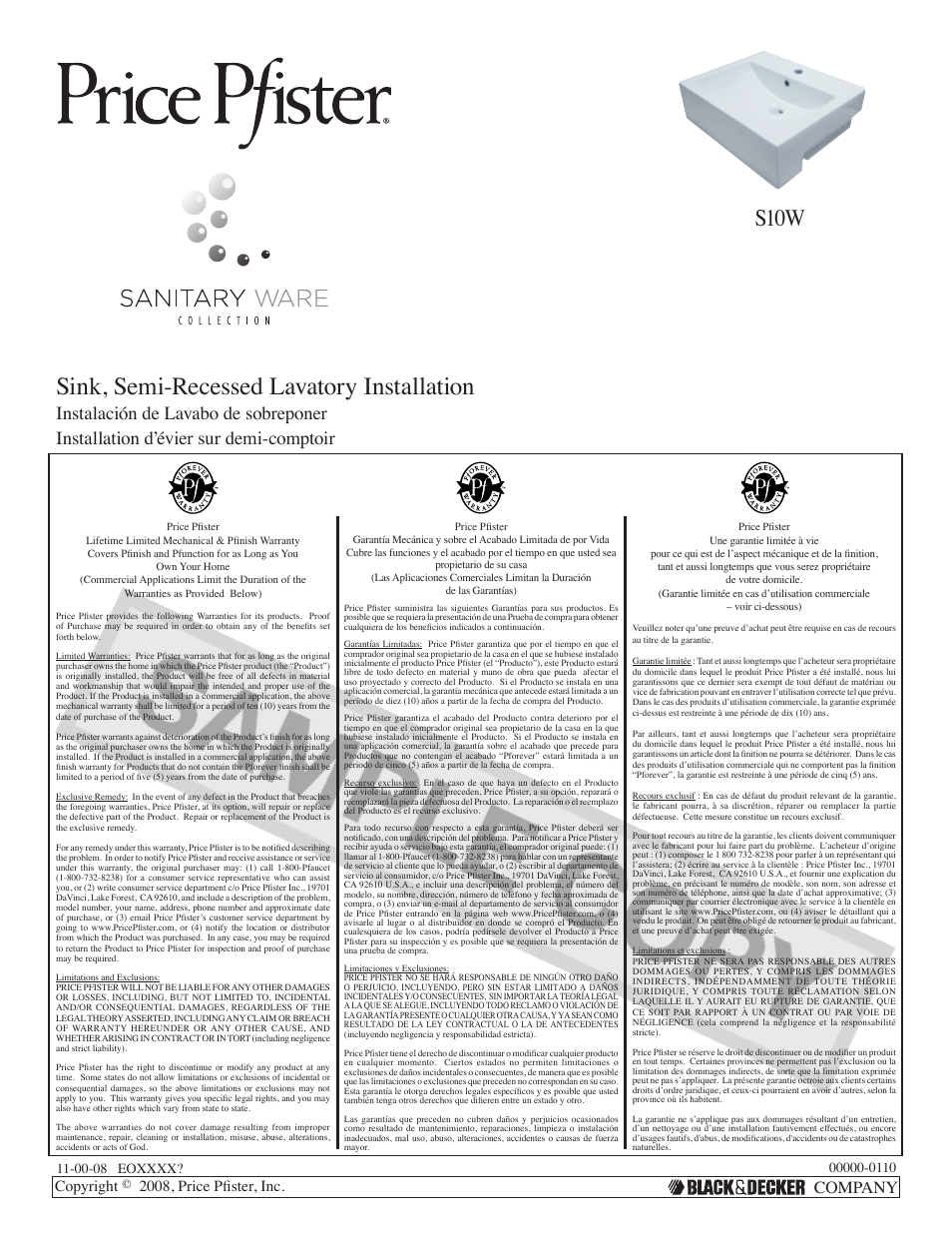Pfister VSP-S10W User Manual | 4 pages