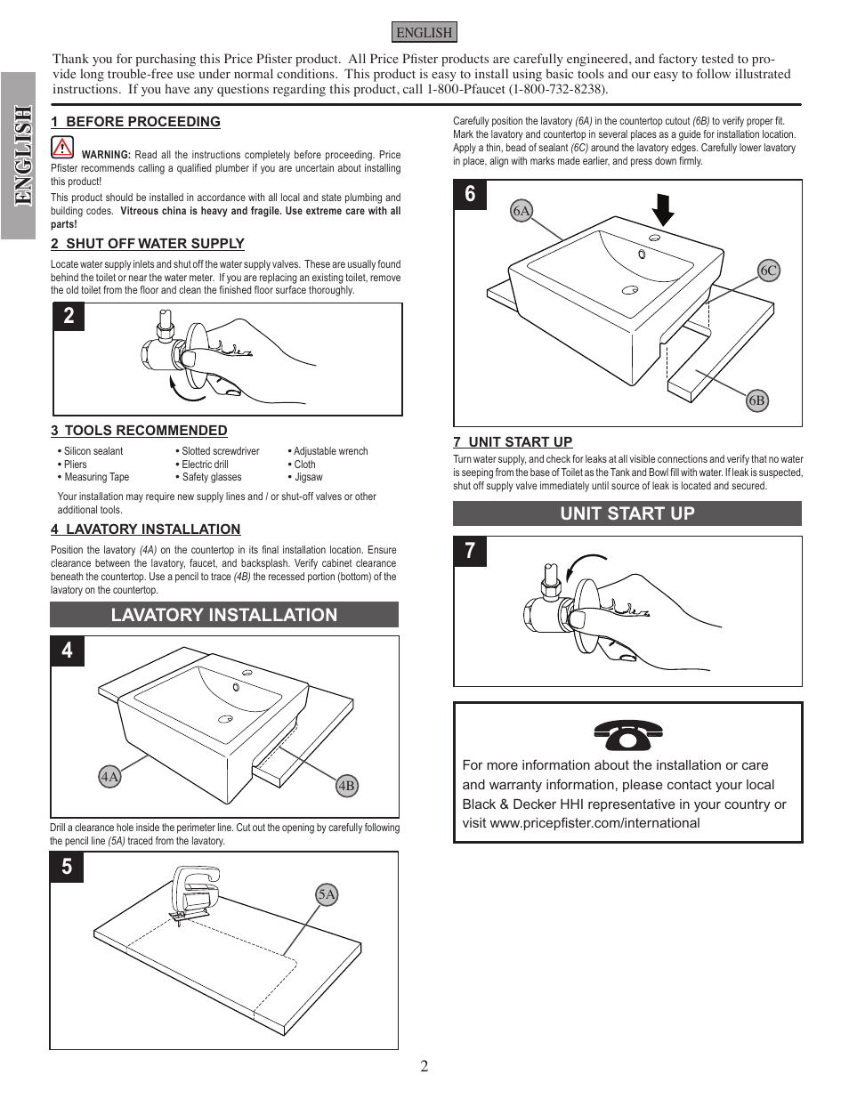 English, Lavatory installation, Unit start up | Pfister VSP-S10W User Manual | Page 2 / 4