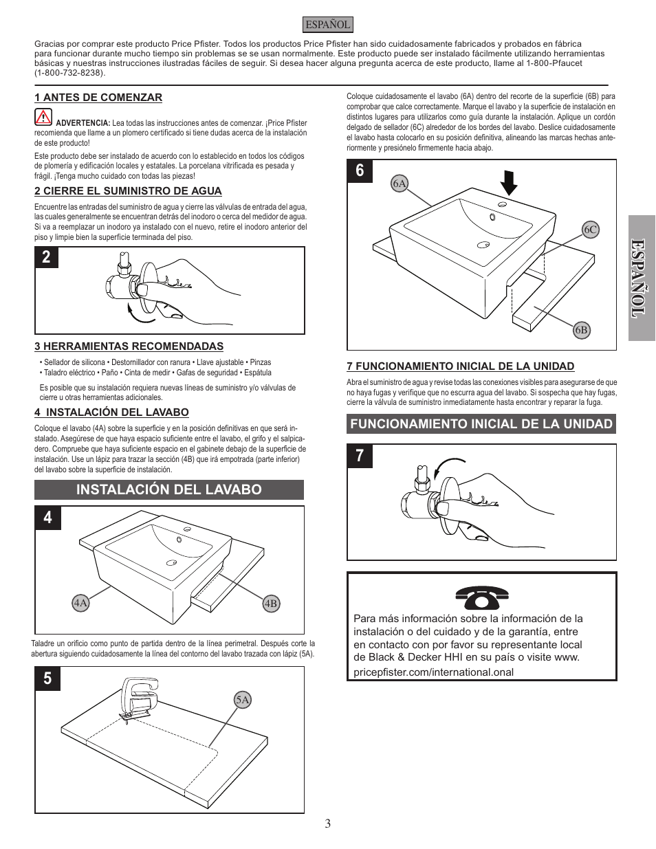 Esp añ ol, Instalación del lavabo | Pfister VSP-S10W User Manual | Page 3 / 4
