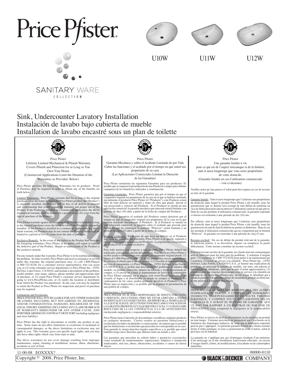 Pfister VSP-U10W User Manual | 4 pages