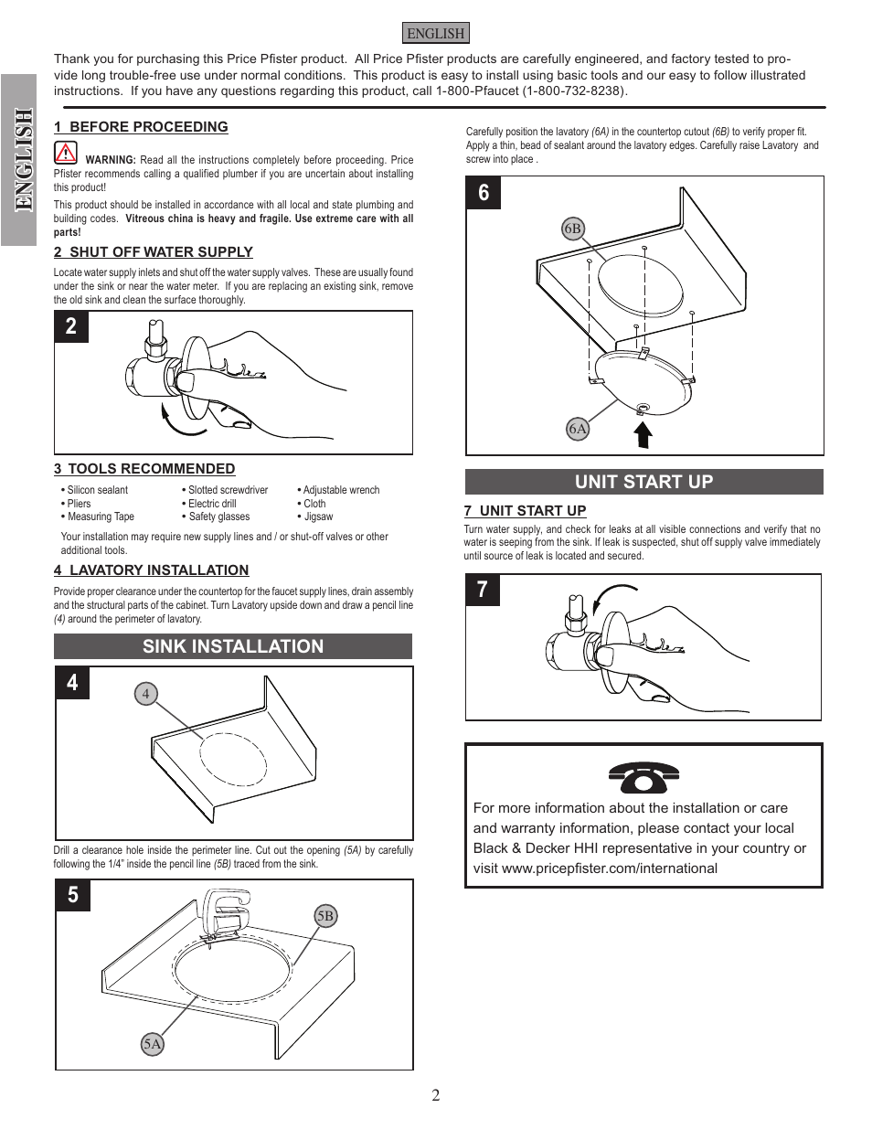 English, Sink installation, Unit start up | Pfister VSP-U10W User Manual | Page 2 / 4