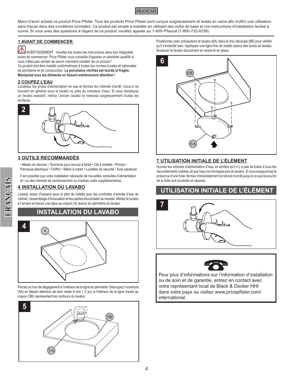 Fran çais, Installation du lavabo, Utilisation initiale de l’élément | Pfister VSP-U10W User Manual | Page 4 / 4