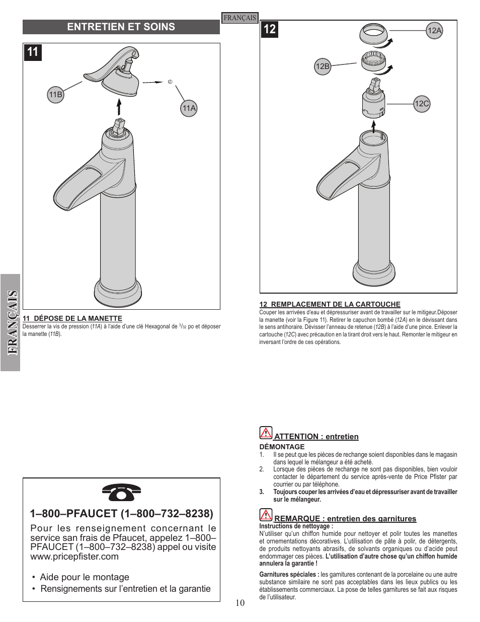 Fran ç ais, Entretien et soins | Pfister GT40-YP0Y User Manual | Page 10 / 12