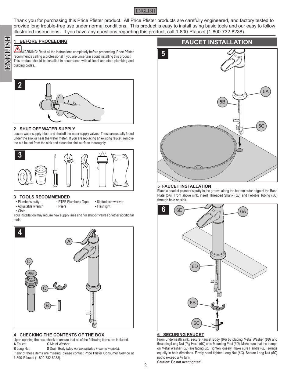 English, Faucet installation | Pfister GT40-YP0Y User Manual | Page 2 / 12