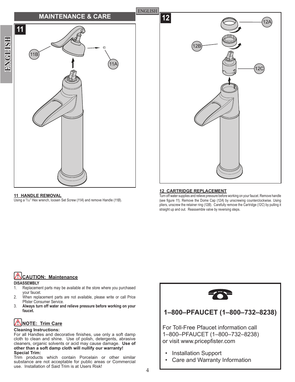 English, Maintenance & care | Pfister GT40-YP0Y User Manual | Page 4 / 12