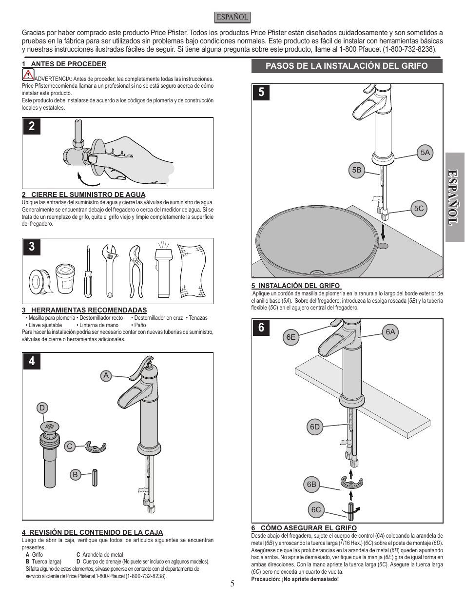 Esp a ñ ol | Pfister GT40-YP0Y User Manual | Page 5 / 12