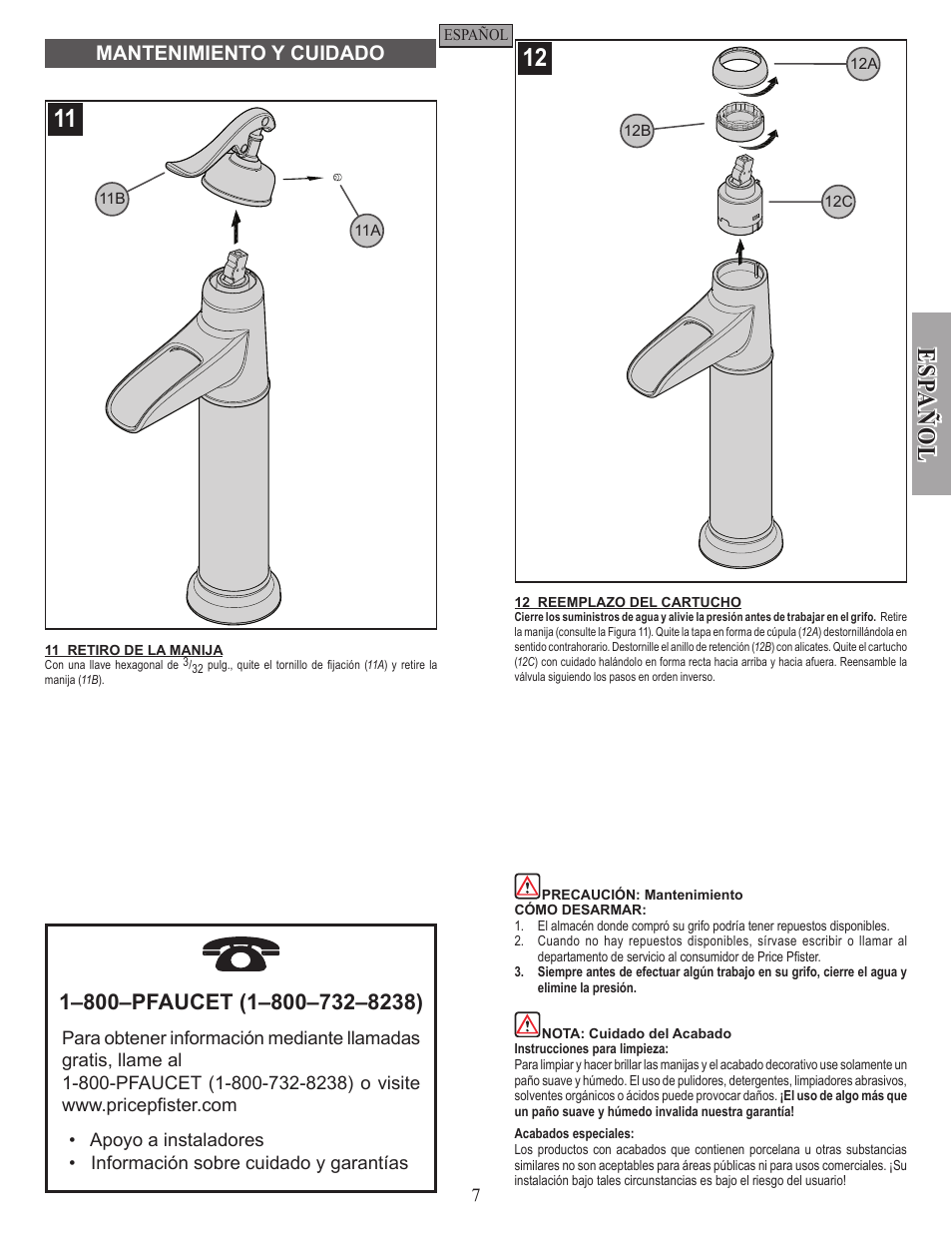 Esp a ñ ol, Mantenimiento y cuidado | Pfister GT40-YP0Y User Manual | Page 7 / 12