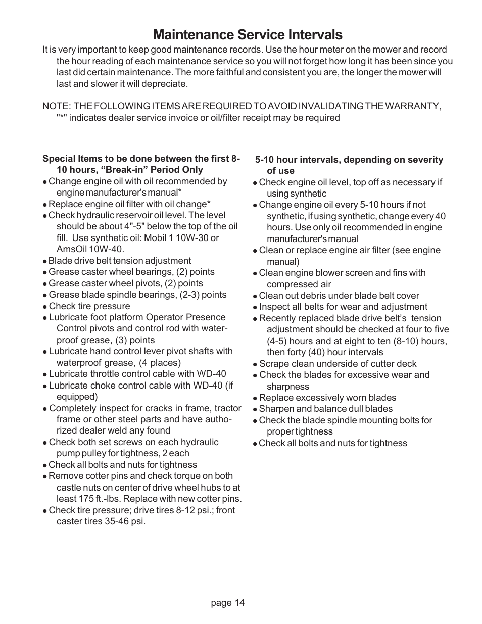 Maintenance service intervals | Wright Pre Serial# 17124 User Manual | Page 17 / 19
