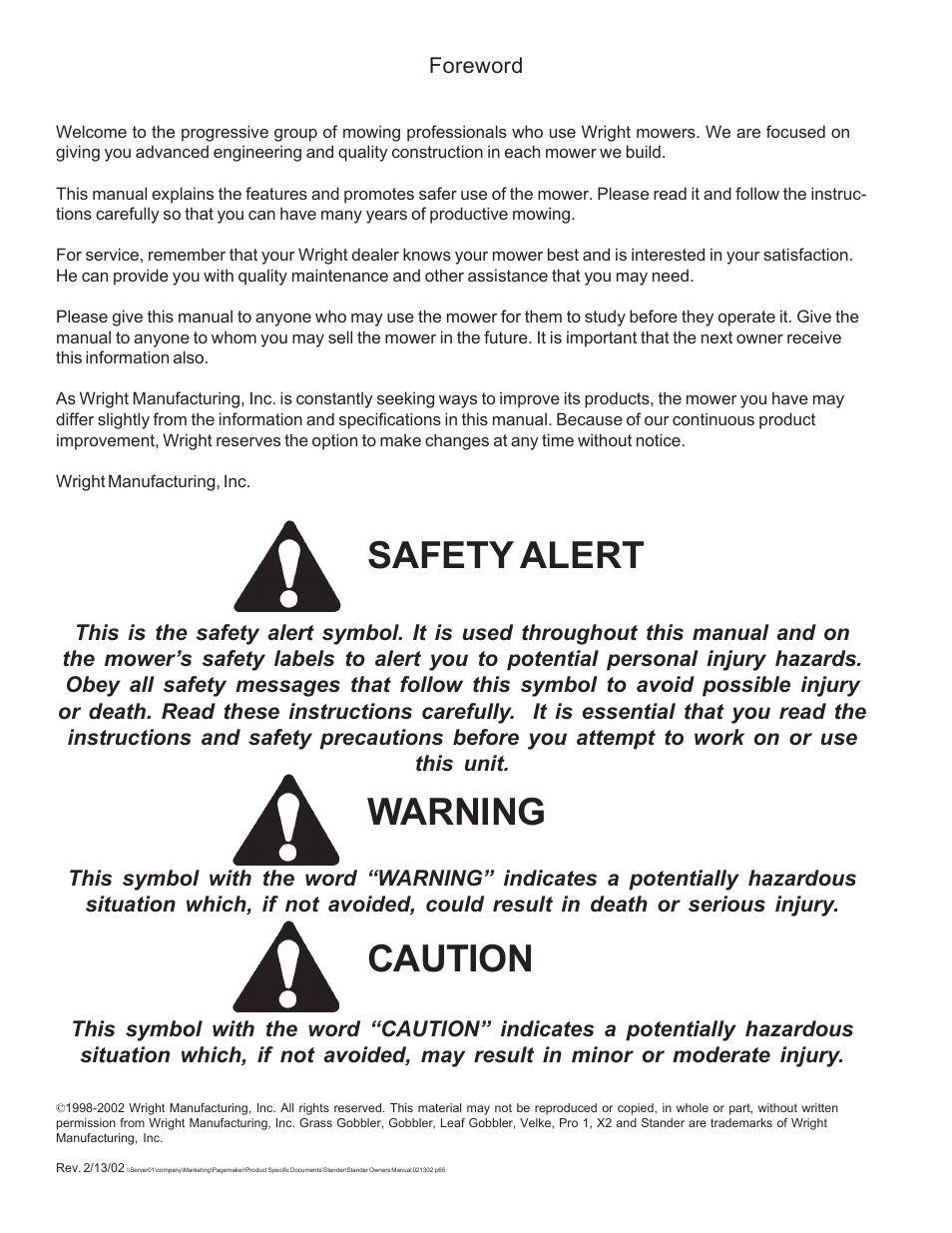 Safety alert, Warning caution | Wright Pre Serial# 17124 User Manual | Page 2 / 19