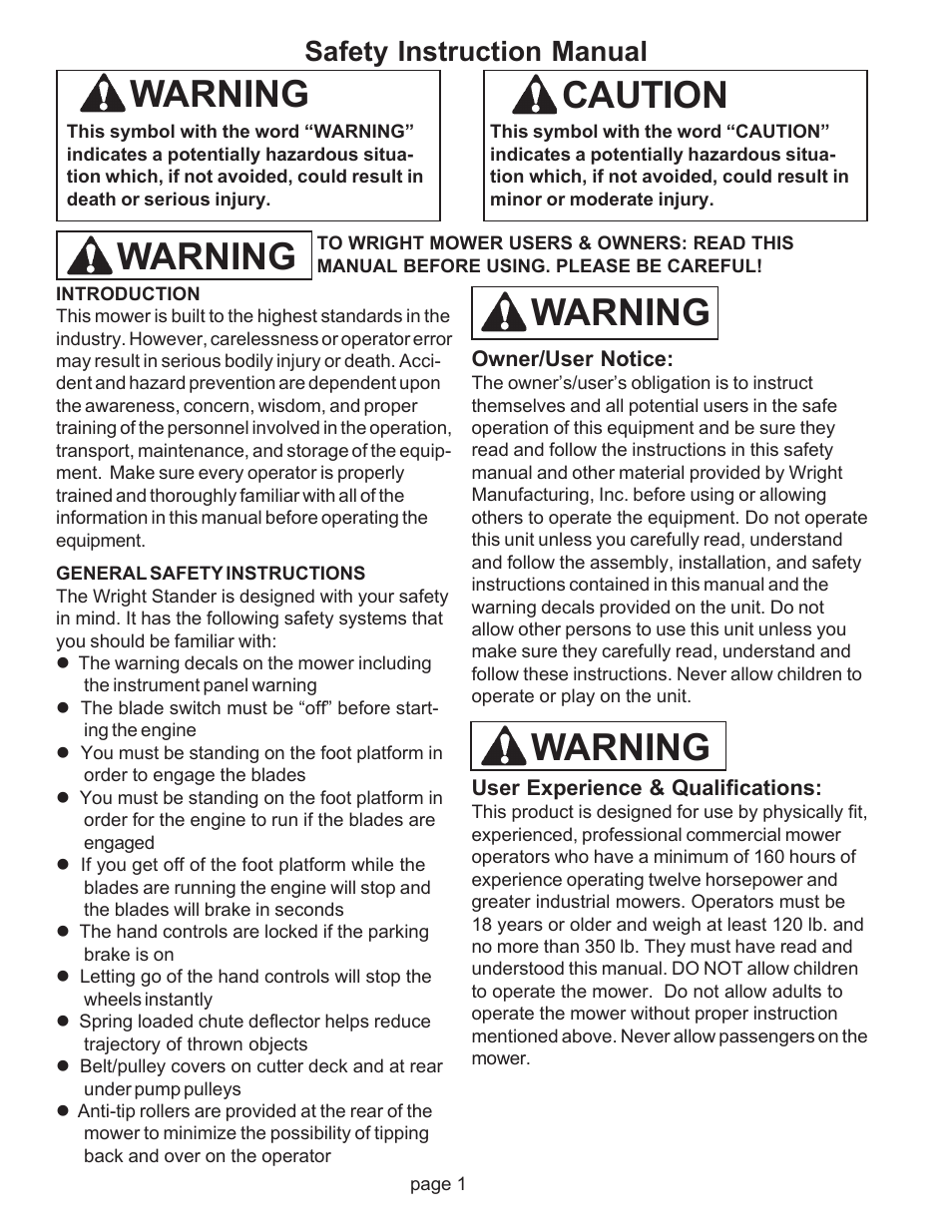 Warning, Warning caution, Safety instruction manual | Wright Pre Serial# 17124 User Manual | Page 4 / 19