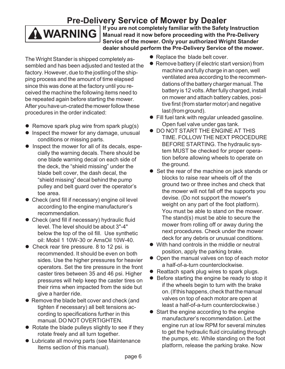 Warning, Pre-delivery service of mower by dealer | Wright Pre Serial# 17124 User Manual | Page 9 / 19