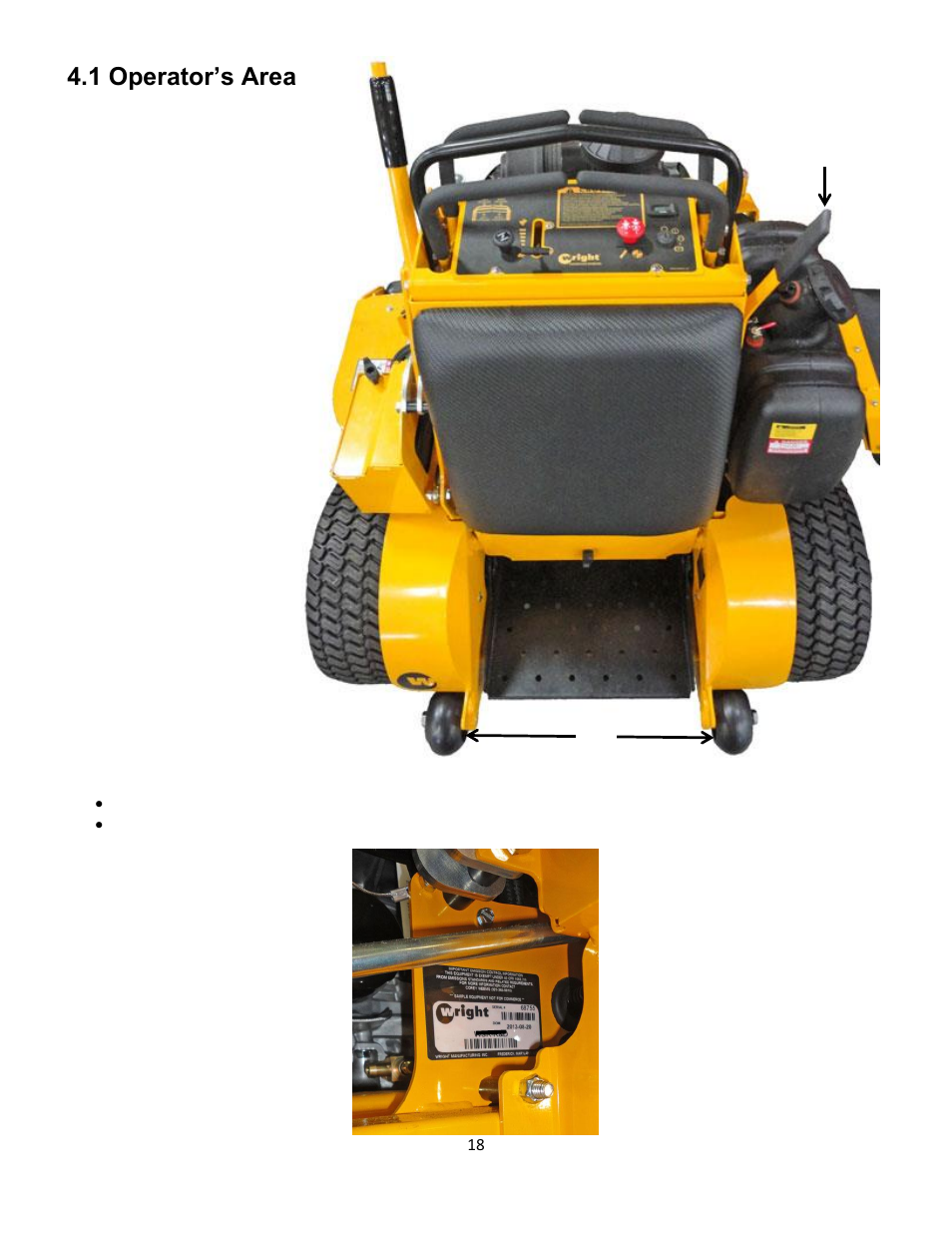 1 operator’s area, 2 model & serial location | Wright Serial # 69788 and Higher User Manual | Page 18 / 40