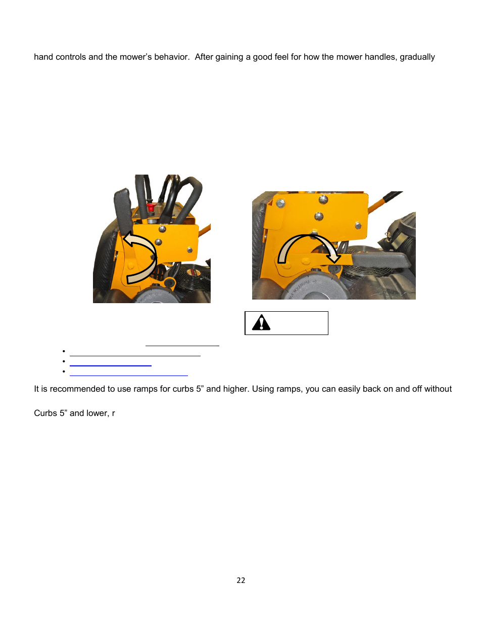 4 how to stop and park the mower, 5 driving the mower over a curb | Wright Serial # 69788 and Higher User Manual | Page 22 / 40