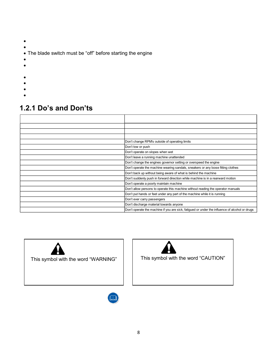 2 general safety instructions, 1 do’s and don’ts, 2 warnings | 3 important information, Warning, Caution | Wright Serial # 69788 and Higher User Manual | Page 8 / 40