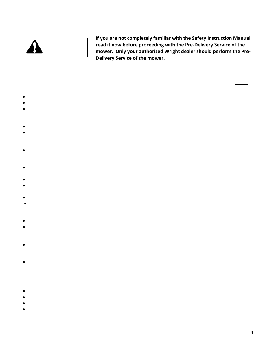 Pre-delivery service of mower by dealer, Warning | Wright Serial 46090 and higher User Manual | Page 4 / 20