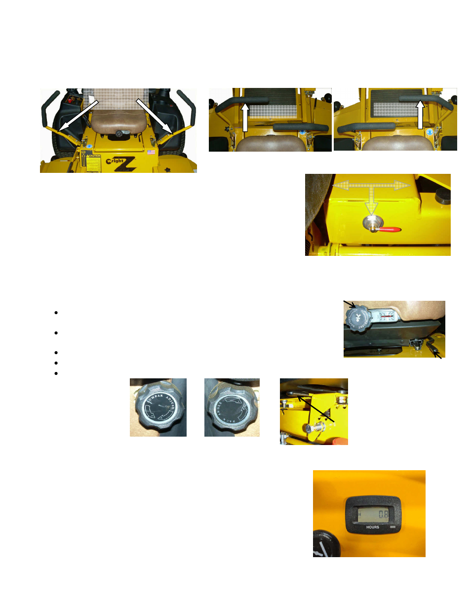 2 steering control levers, 3 fuel system / shut off valve, 4 seat adjustments | 5 digital hour meter | Wright Serial #55142 and higher User Manual | Page 16 / 44