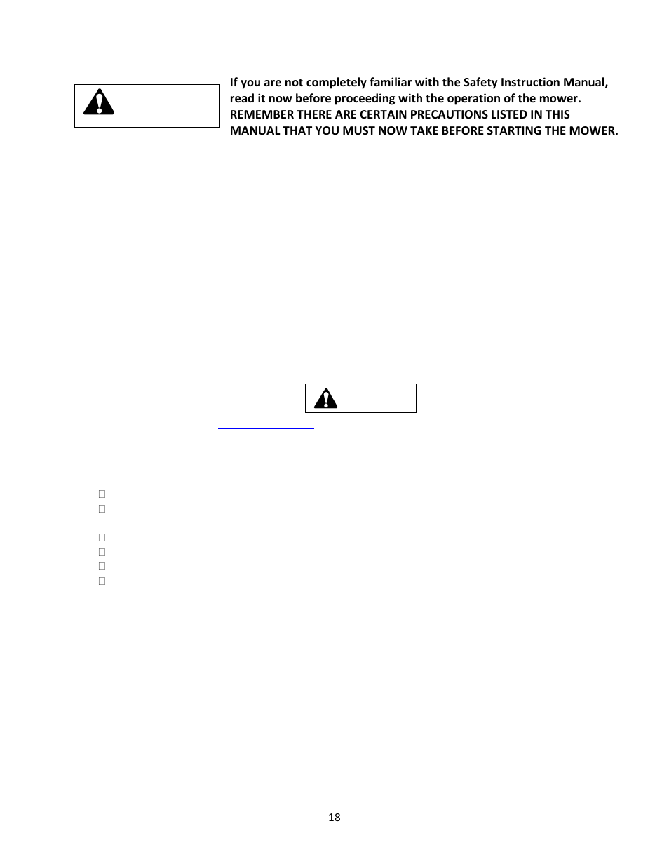 5 operating instructions, 1 inspect mower before each use, 2 how to start the mower | Warning | Wright Serial 54956 and higher User Manual | Page 18 / 36