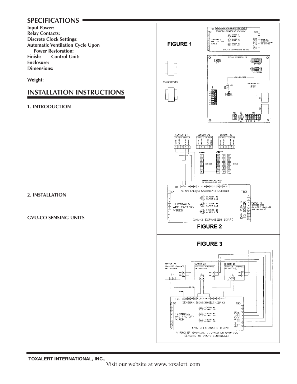 Specifications, Installation instructions | Toxalert GVU-3 User Manual | Page 2 / 4