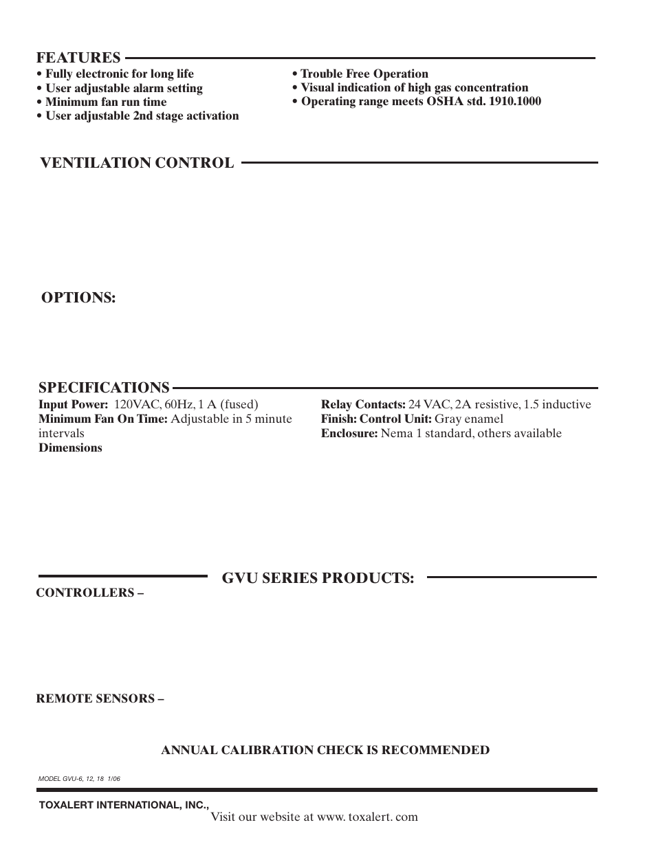 Specifications, Features, Ventilation control | Options, Gvu series products | Toxalert GVU-18 User Manual | Page 2 / 2