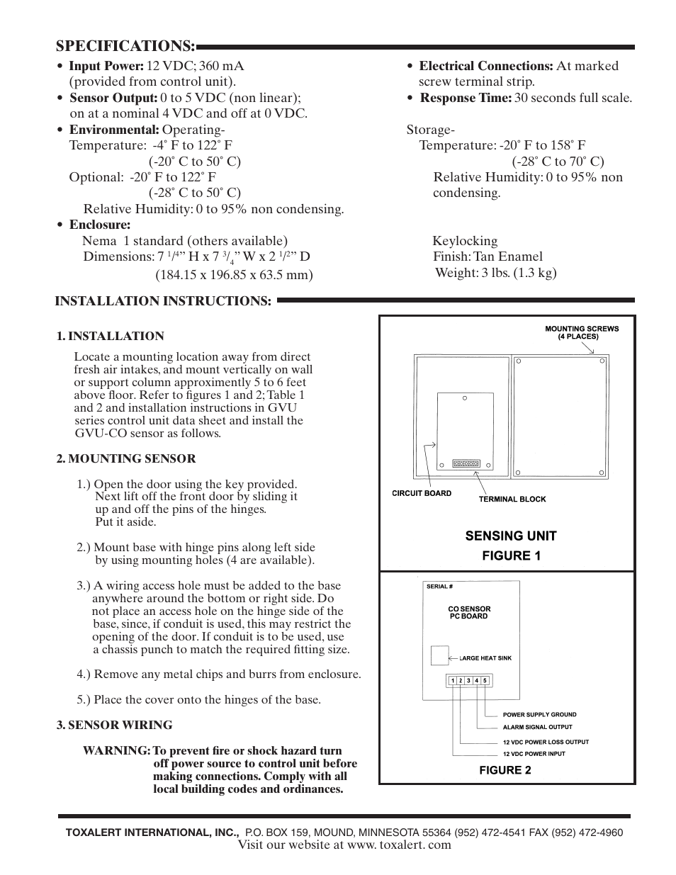 Specifications | Toxalert GVU-2R User Manual | Page 2 / 4