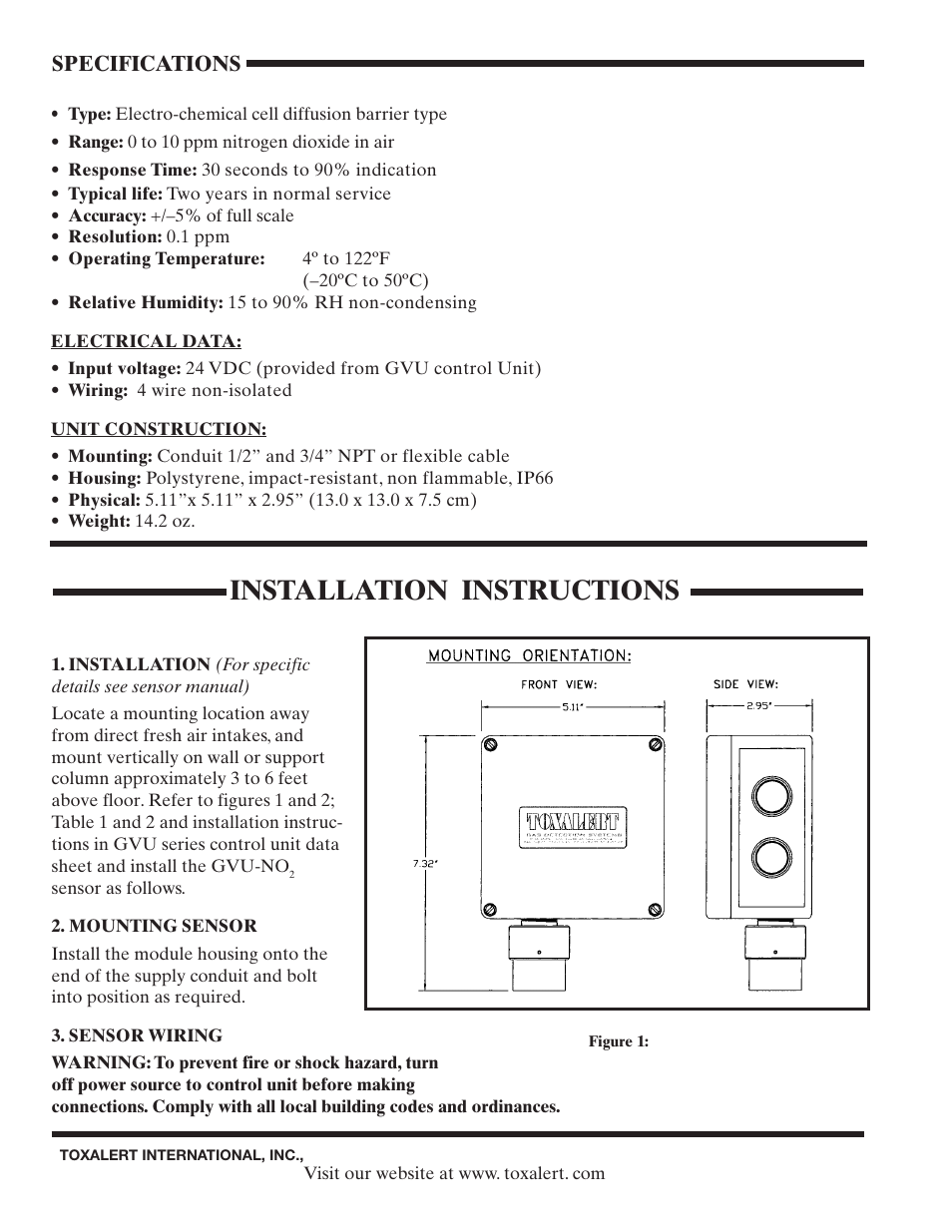 Installation instructions, Specifications | Toxalert GVU-NO2 User Manual | Page 2 / 4