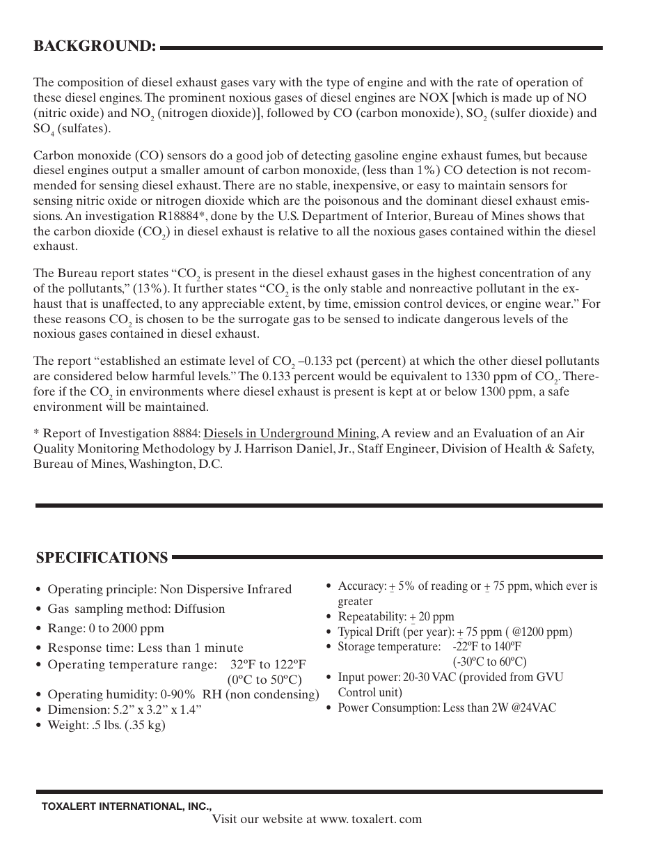 Background, Specifications | Toxalert GVU-CO2 User Manual | Page 2 / 4
