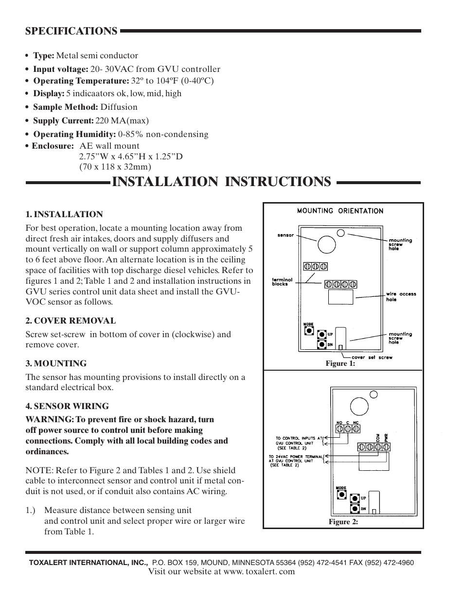 Installation instructions, Specifications | Toxalert GVU-VOC User Manual | Page 2 / 4
