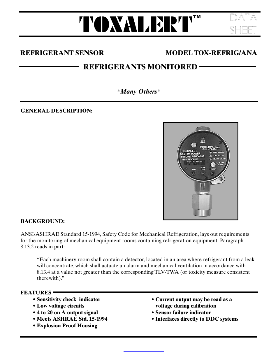 Toxalert Tox-Refrig/ANA User Manual | 4 pages