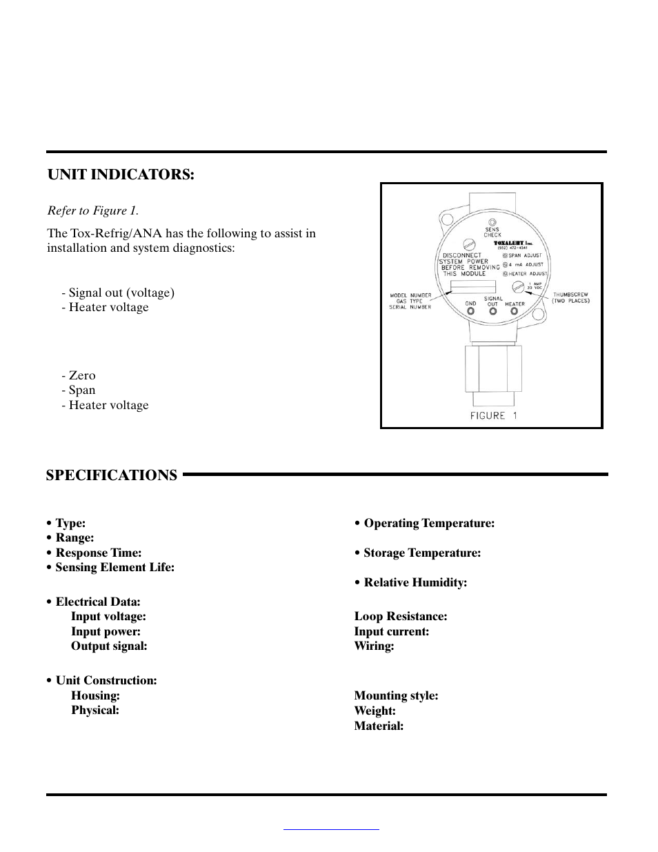 Unit indicators, Specifications | Toxalert Tox-Refrig/ANA User Manual | Page 3 / 4