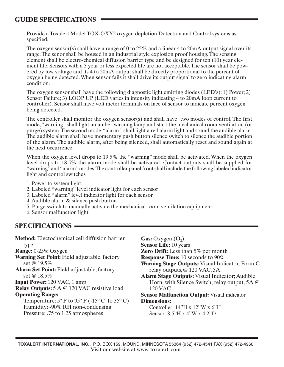 Guide specifications, Specifications | Toxalert TOX-OXY2 User Manual | Page 2 / 4