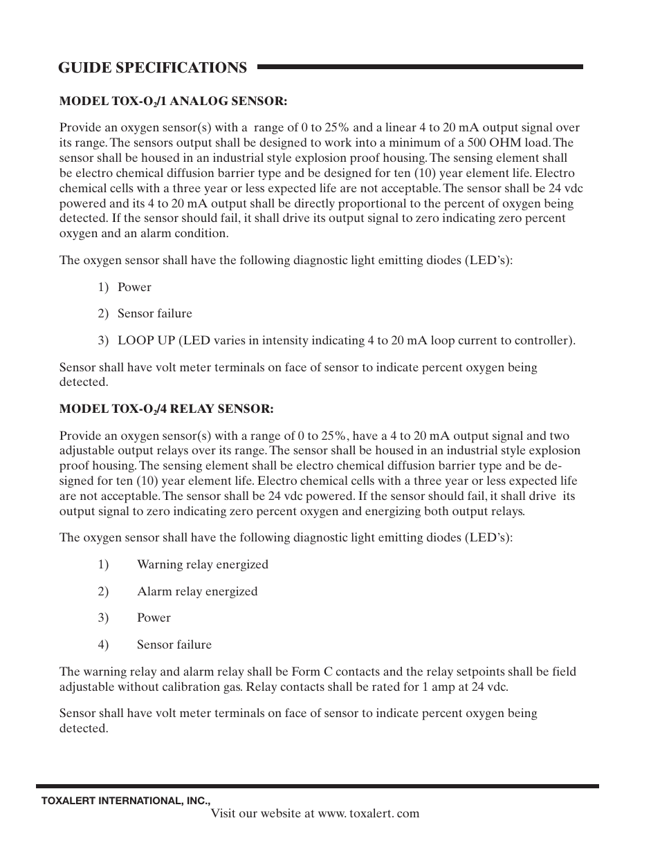 Guide specifications | Toxalert TOX-O2/4 User Manual | Page 2 / 4