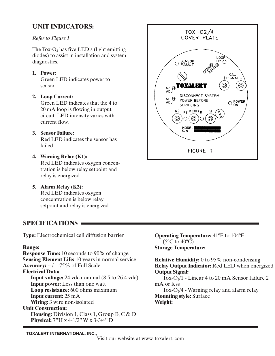 Unit indicators, Specifications | Toxalert TOX-O2/4 User Manual | Page 3 / 4