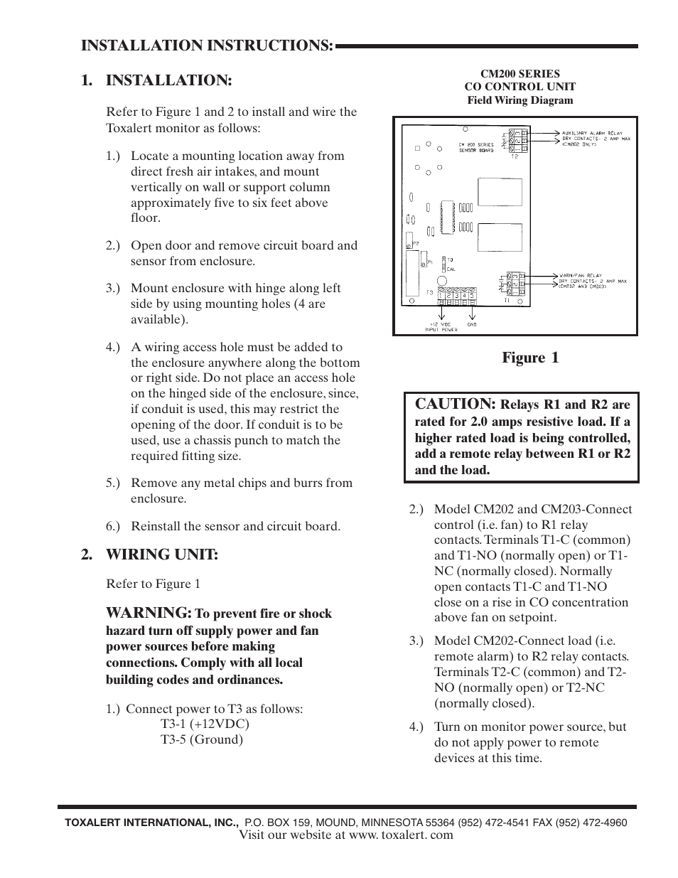 Installation instructions: 1. installation, Wiring unit, Warning | Caution, Figure 1 | Toxalert CM203 User Manual | Page 3 / 4